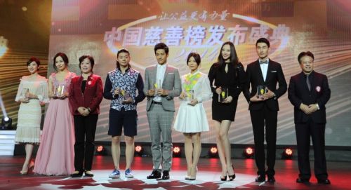 赵蓬奇（右一）、蒋月娥（左三）为获奖明星颁奖