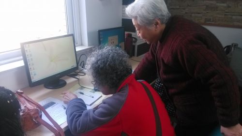 志愿者程阿姨教小组成员操作电脑