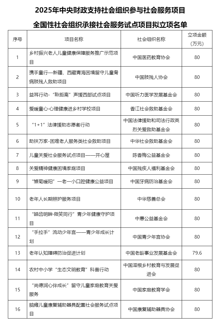 关于2025年中央财政支持社会组织参与社会服务项目拟立项名单的公示 - 中华人民共和国民政部_副本1